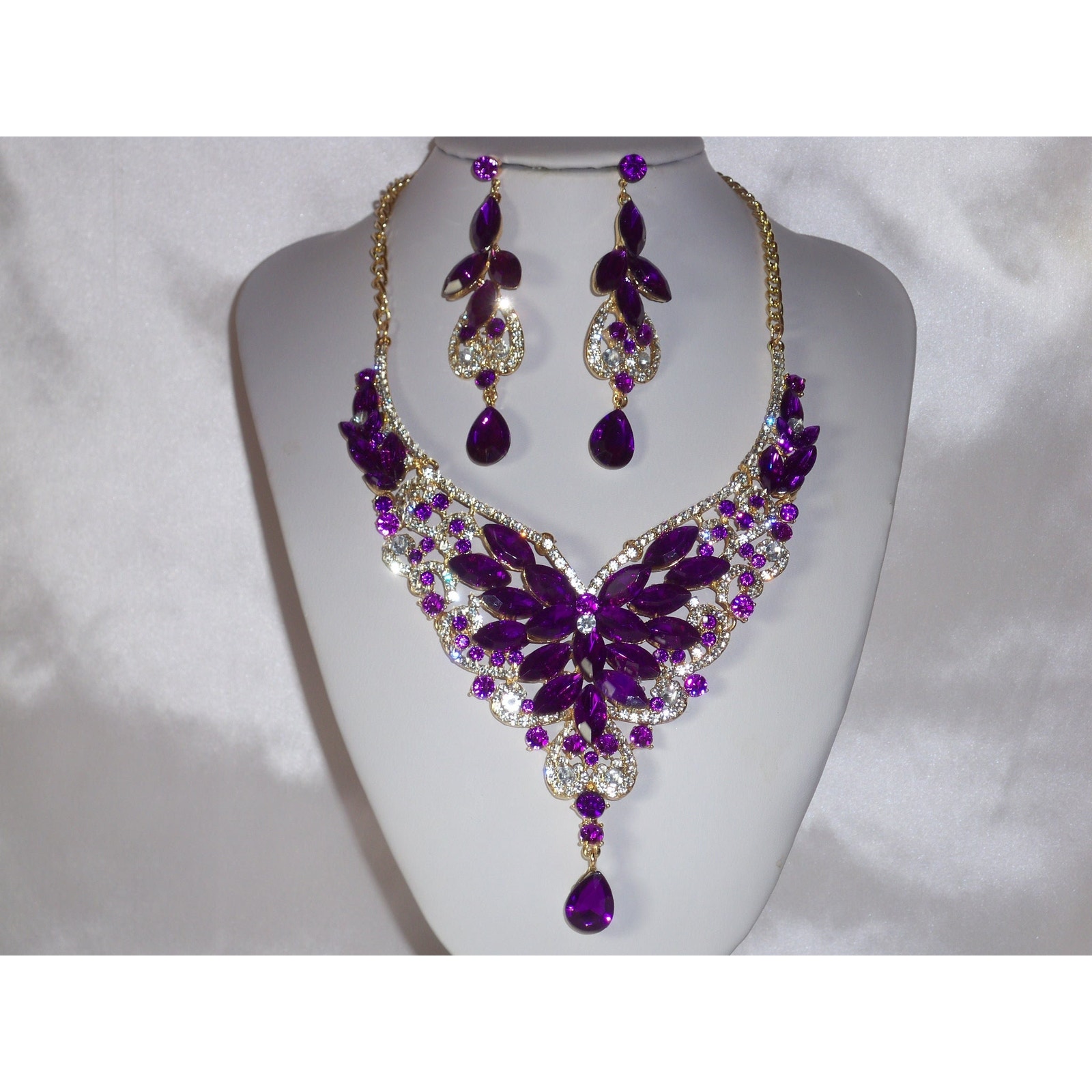 Purple Rhinestone Necklace Set Prom Party Formal Evening Wedding Bridal Necklace